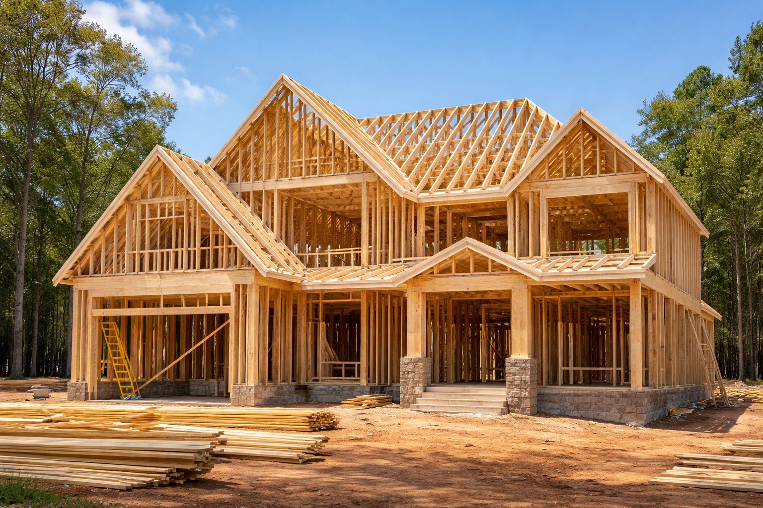 A new Atlanta home under construction at the framing stage