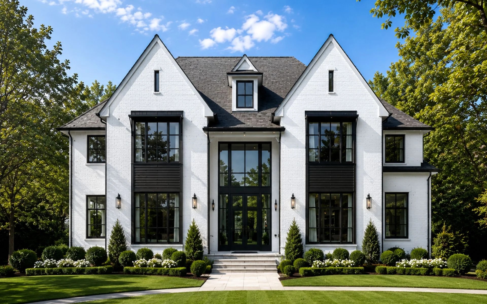 A high-end transitional home with white brick, steep gables, and black-trimmed windows